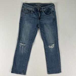 AMERICAN EAGLE Womens Boy Fit Stretch Jeans Blue Distressed Size 6
